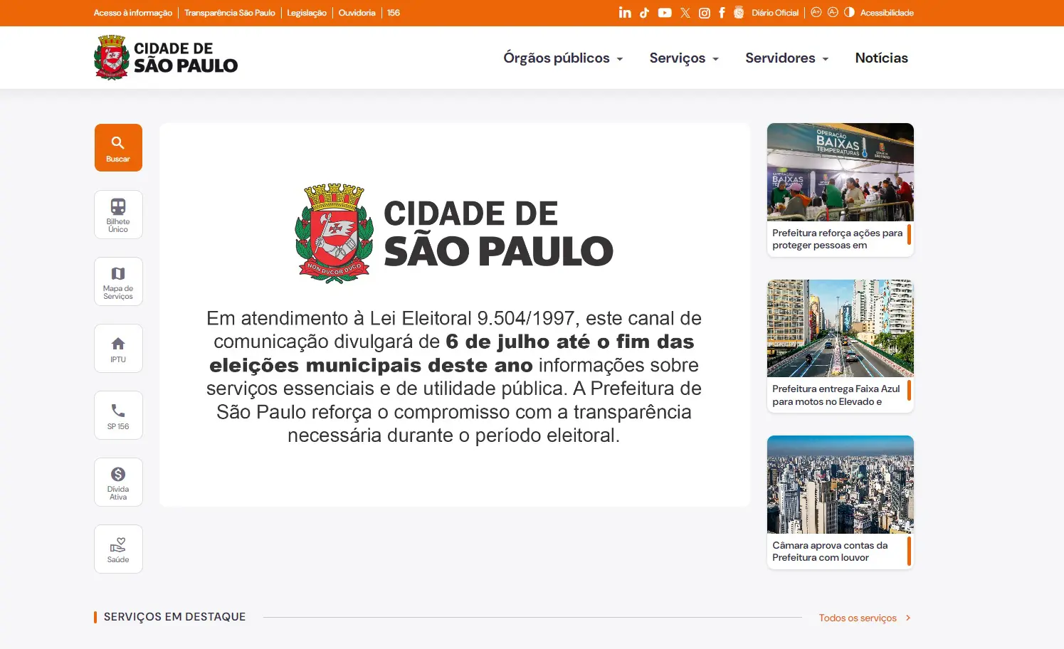 Comunicado no website da Prefeitura de São Paulo | Foto: Reprodução
