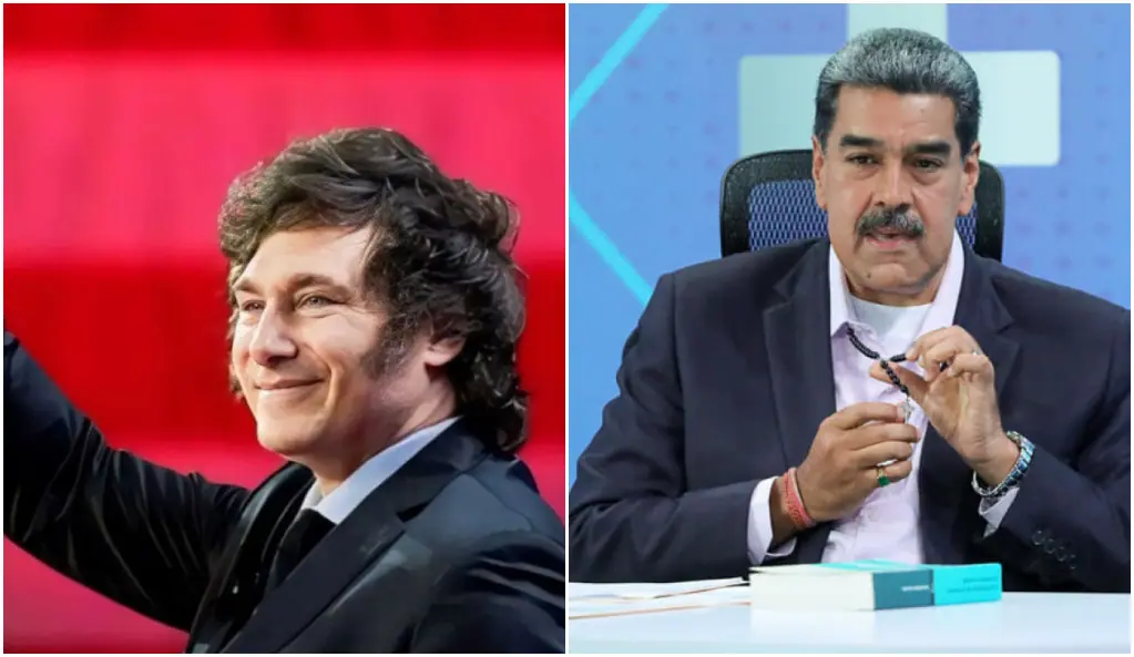 Javier Milei, presidente da Argentina e o ditador da Venezuela, Nicolás Maduro (foto montagem de um ao lado do outro)