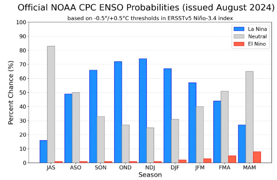 Gráfico das probabilidades das condições de ENOS-La Niña em grupos trimestrais, segundo NOAA, agosto 2024. A condição de La Niña foi encurtada e atrasada em relação ao quadro de probabilidades do mês anterior | Foto: Divulgação/Arquivo pessoal