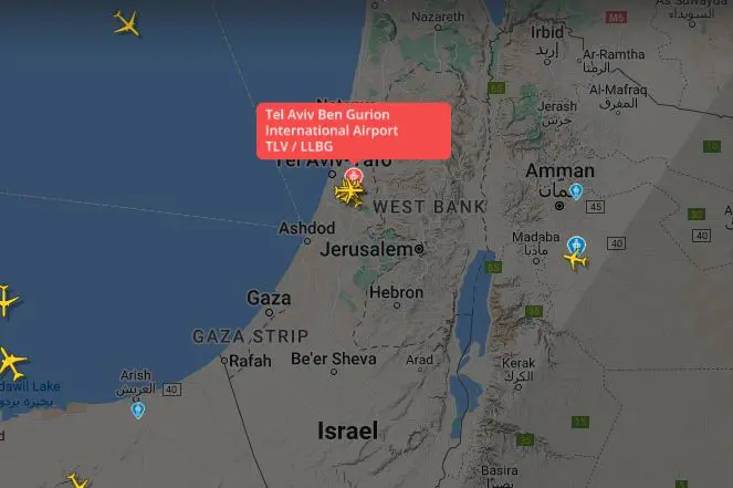 Mapa de fluxo mostra pequeno movimento de aeronaves no aeroporto Ben Gurion, em Tel Aviv, na região do Oriente Médio