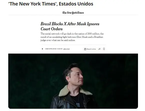 O The New York Times destacou que o bloqueio afetará "uma nação de 200 milhões" de habitantes no Brasil | Foto: Reprodução/The New York Times