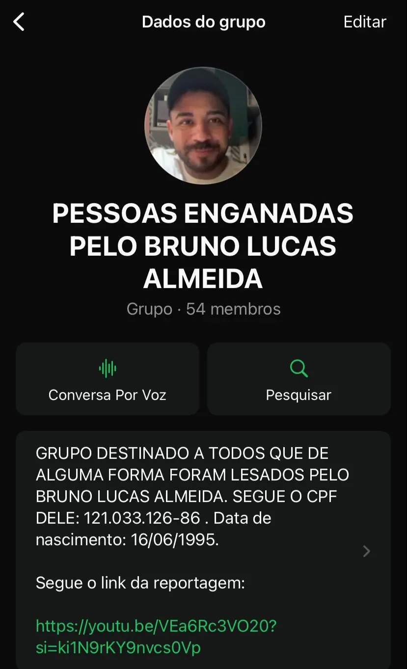 O grupo do aplicativo de mensagens que Talita se referiu chama-se 'Pessoas enganadas pelo Bruno Lucas Almeida'. Ele é composto de 54 membros | Foto: Reprodução/Arquivo pessoal - golpe buffet Rei dos Sonhos - Magnata Eventos