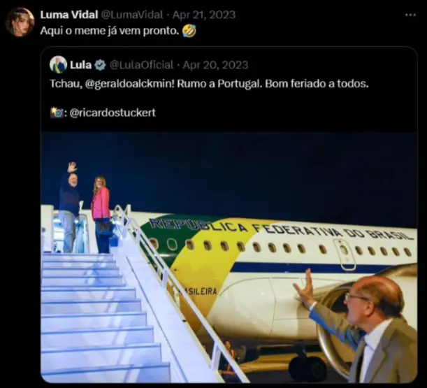 Luma reproduz foto em seu perfil Twitter/X sobre viagem de Lula a Portugal | Foto: Reprodução/Twitter/X