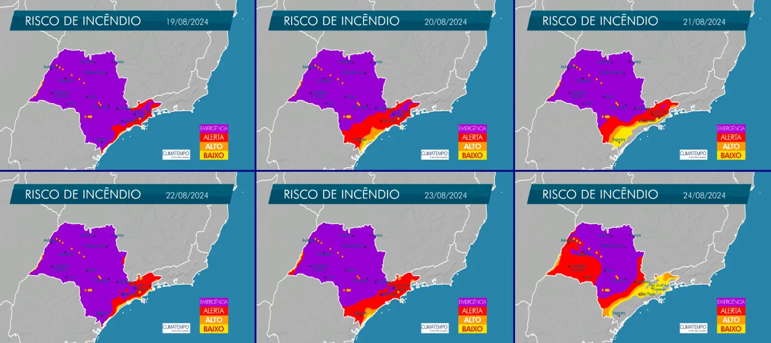 Mapa de risco de incêndio florestal, segundo alerta da Defesa Civil do Estado de São Paulo