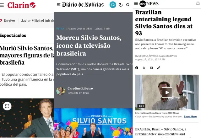 Registros da imprensa internacional repercutindo a morte de Silvio Santos