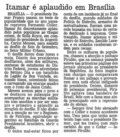 Itamar aplaudido em Brasília no dia da independência