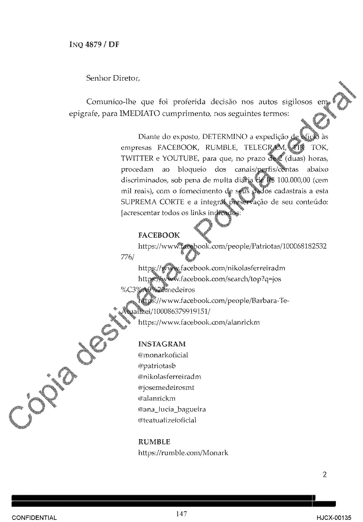 Determinação de bloqueio enviada por Alexandre de Moraes, em janeiro de 2023 | Foto: Reprodução/Twitter/X/@alexandrefiles