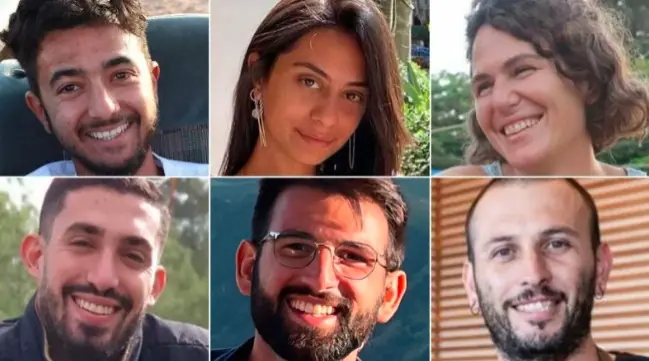 Fotos dos seis reféns encontrados mortos pelas Forças de Defesa de Israel, no último domingo, em um túnel da região palestina | Foto: Reprodução/Fórum de reféns e famílias desaparecidas
