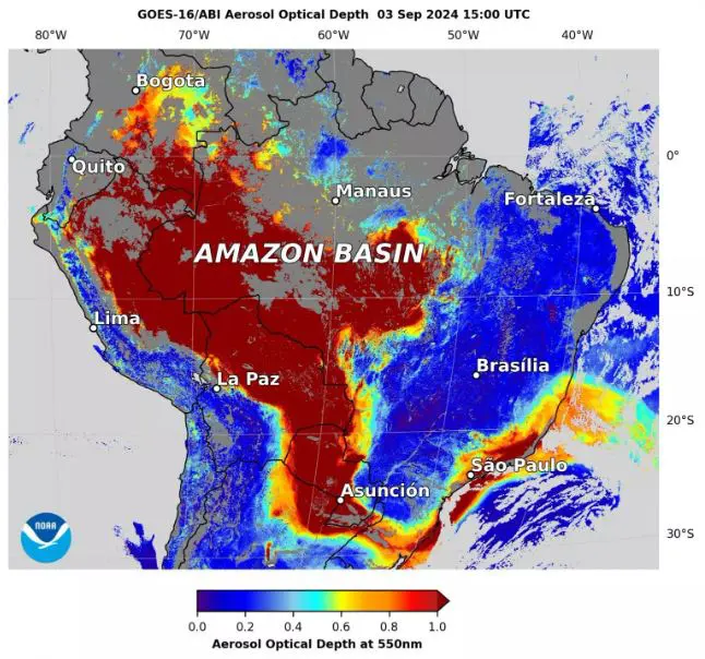 Mapa do corredor de fumaça da Amazônia