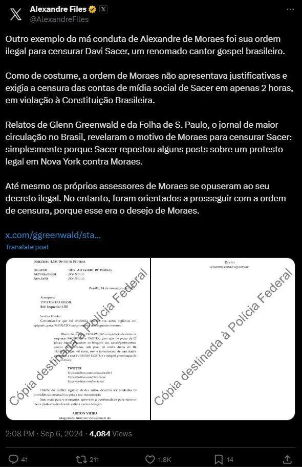 Publicação de Elon Musk no perfil Alexandre Files; empresário também incluiu documentos | Foto: Reprodução