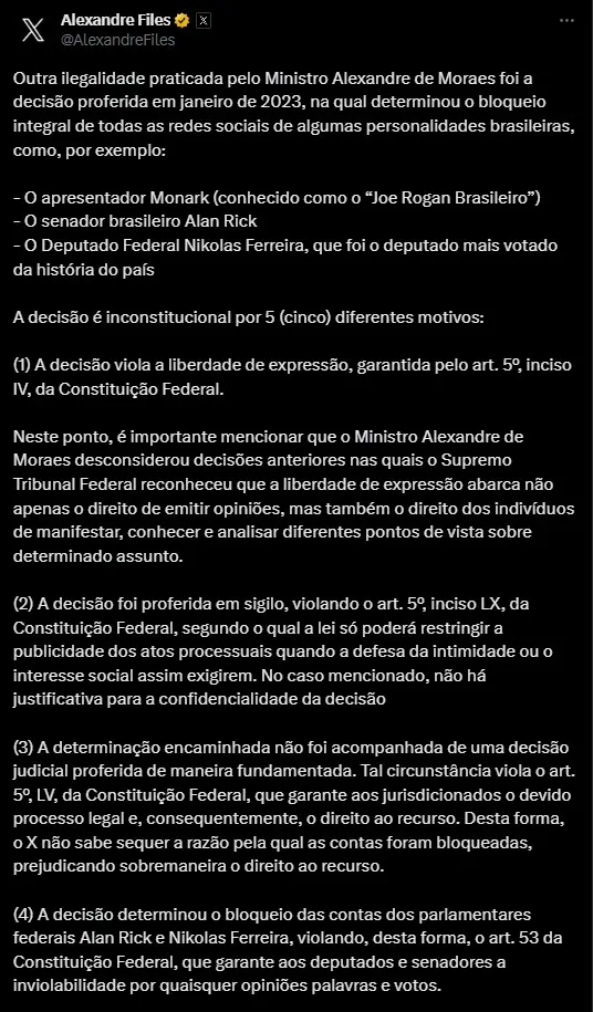 Íntegra da publicação feita pelo perfil Alexandre Files, mantido por Elon Musk | Foto: Reprodução