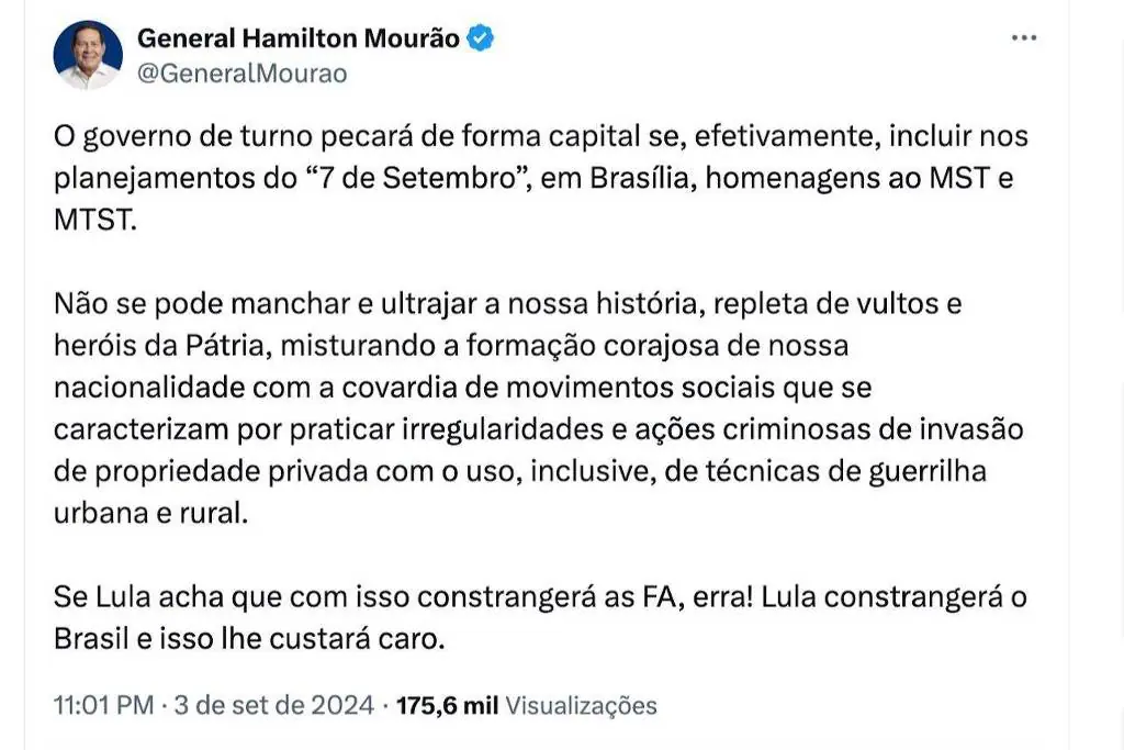 Publicação de Mourão no Twitter/X | Foto: Reprodução/Redes sociais