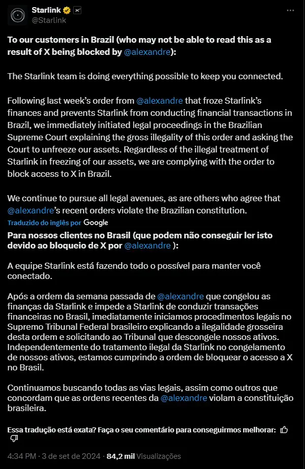 tuite starlink bloqueio twitter