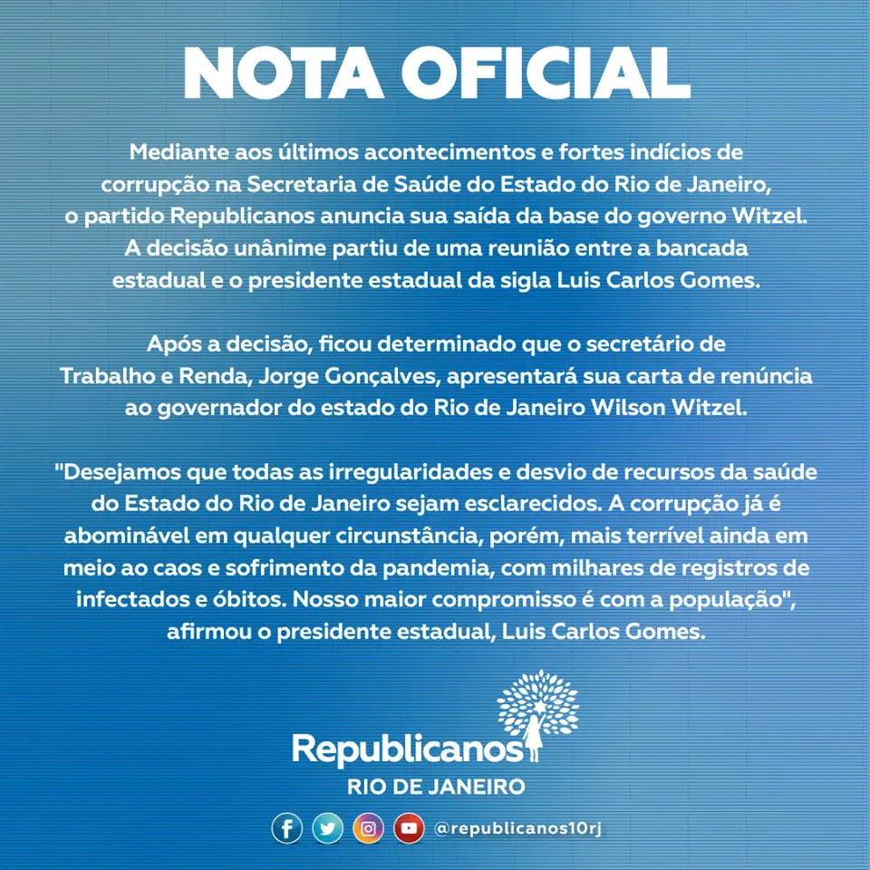 nota oficial - republicanos - witzel