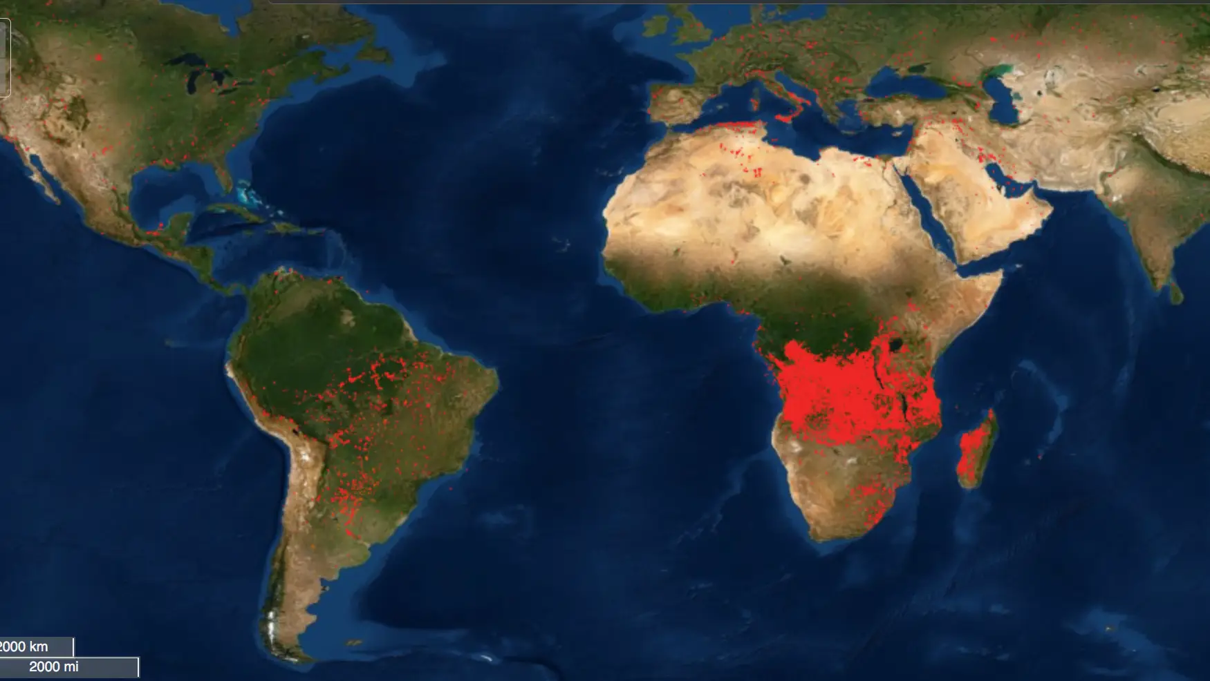 Mapa da NASA com os focos de queimadas pelo mundo em 1º de agosto de 2020