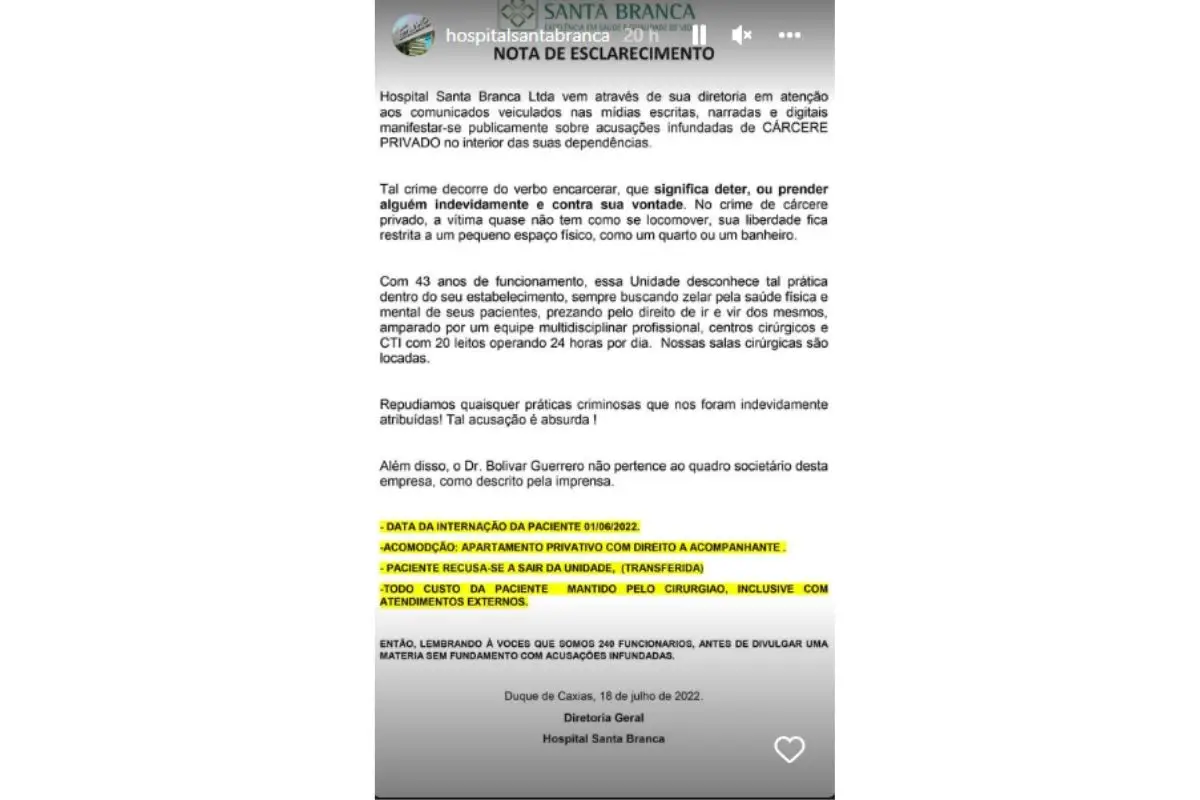 Nota de esclarecimento Hospital Santa Branca