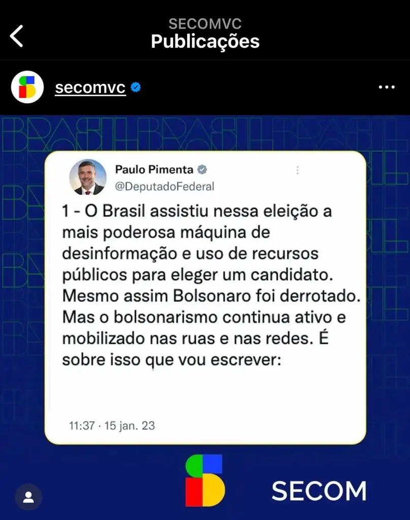 Secom replica mensagens de Paulo Pimenta criticando Bolsonaro.