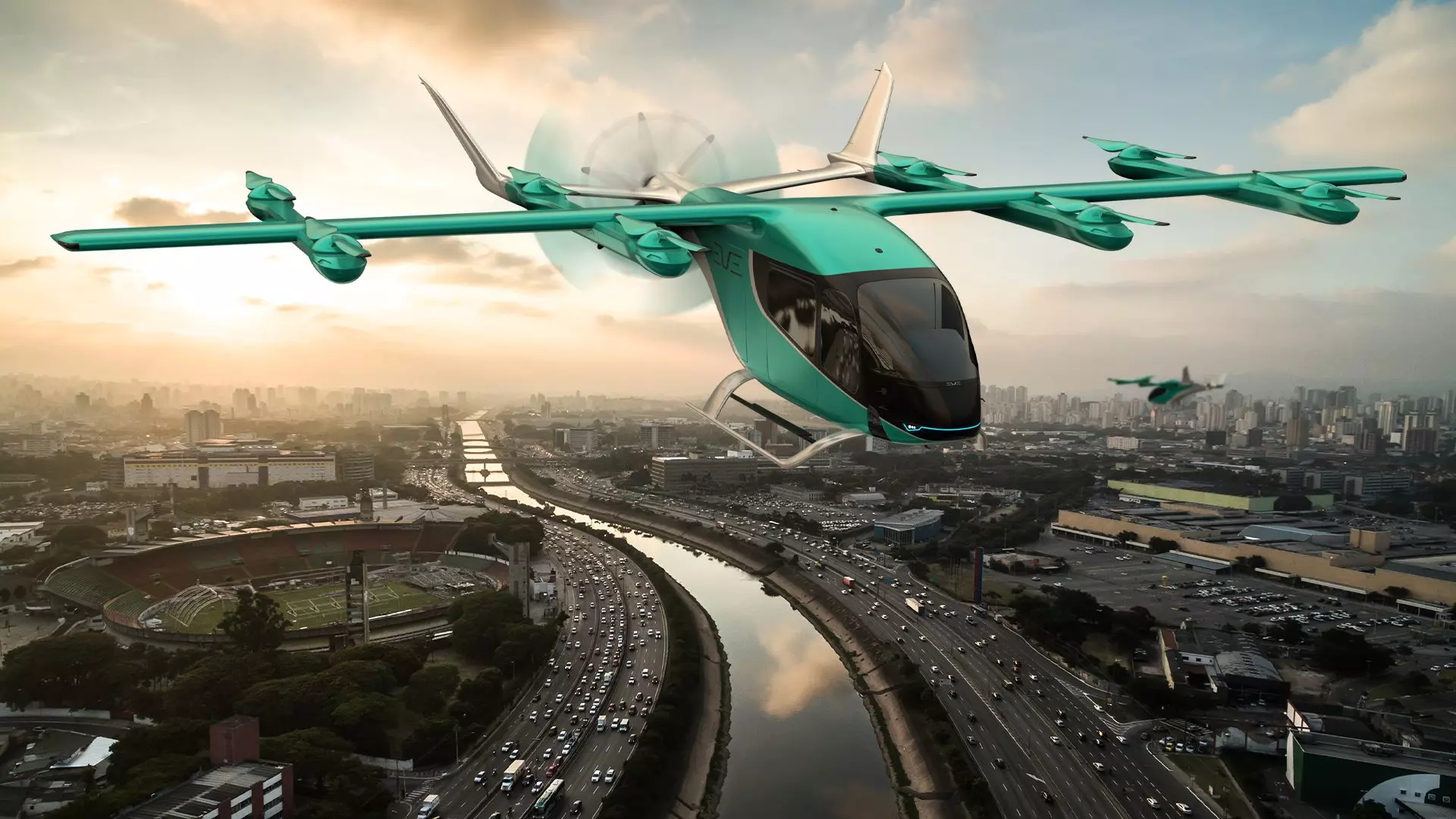 Concepção artística do carro voador da Embraer | Foto: Divulgação/Twitter/@EveAirMobility
