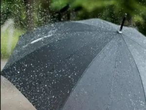 Um guarda-chuva preto, aberto, com água da chuva caindo sobre ele. A previsão do tempo indica chuva