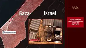 israel hamas foguetes | Uma imagem distribuída pelas IDF explica os lançamentos de foguetes do Hamas de zonas humanitárias no sul de Gaza, divulgada em 9 de dezembro de 2023 | Foto: Divulgação/Forças de Defesa de Israel (IDF)