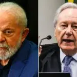 Uma imagem dividida em duas partes: do lado esquerdo do leitor, o presidente Lula, vestido de terno azul; e do lado direito o ministro Ricardo Lewandowski, de terno preto