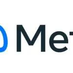 O logotipo da empresa Meta, formado pelo símbolo do infinito, em azul, e o nome da empresa na cor preta