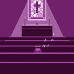 Imagem ilustrada, toda em roxo, da parte interna de uma igreja. Os bancos dos fiéis alinhados, e à frente o altar onde ficam os pastores e os padres. Na parede, um quadro com uma cruz
