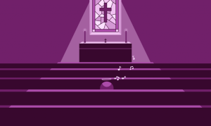 Imagem ilustrada, toda em roxo, da parte interna de uma igreja. Os bancos dos fiéis alinhados, e à frente o altar onde ficam os pastores e os padres. Na parede, um quadro com uma cruz