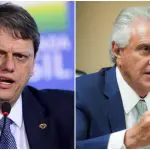 À esquerda do leitor, o governador de São Paulo, Tarcísio de Freitas; à direita, o governador de Goiás, Ronaldo Caiado