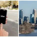 montagem com duas fotos. Uma de um celular com o app do uber e outra, uma vista panorâmica da cidade de minneapolis