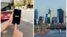 montagem com duas fotos. Uma de um celular com o app do uber e outra, uma vista panorâmica da cidade de minneapolis