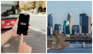 montagem com duas fotos. Uma de um celular com o app do uber e outra, uma vista panorâmica da cidade de minneapolis