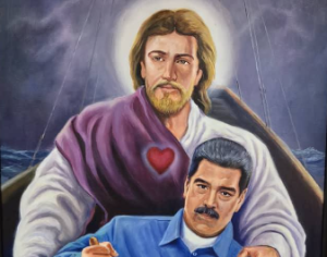 Qaudro do ditador Nicolás Maduro sendo abraçado por Jesus