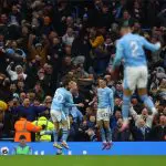 Erling Haaland, do Manchester City, comemora o terceiro gol com Phil Foden e Bernardo Silva - 3/3/2024 | Lee Smith/Reuters