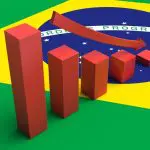 Imagem da bandeira do Brasil, com um gráfico interativo em cima, na cor vermelha