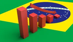 Imagem da bandeira do Brasil, com um gráfico interativo em cima, na cor vermelha