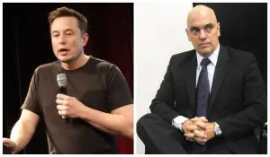 Elon Musk tem marcado o ministro Alexandre de Moraes em publicações no Twitter/X | Foto: Steve Jurvetson/Wikimedia/Jane de Araújo/Agência Senado/Montagem/Thiago Vieira/Revista Oeste