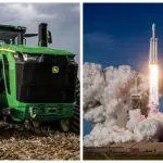 Máquina da John Deere e Falcon 9, foguete da SpaceX