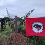 Bandeira do MST estendida em uma cerca