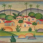 A obra, supostamente de Tarsila do Amaral, retrata casinhas entre coqueiros. Foi descrita como um presente de casamento dado em 1960 | Foto: Divulgação/Filipe Berndt