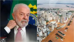 Montagem Lula e enchentes no RS