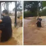 Morador no bairro Lami saindo de sua casa meio a ondas e correnteza