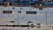 Enchentes no Rio Grande do Sul. Vista aérea de alagamento na região metropolitana de Porto Alegre