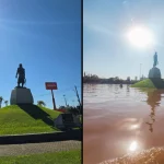 Imagens mostram o antes (esquerda) e o depois (direita) da Estátua do Laçador, em Porto Alegre