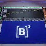 Gráfico do Ibovespa atrás de uma placa do B3, a Bolsa de Valores do Brasil