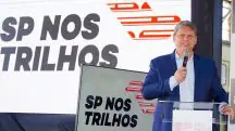 Governador Tarcísio de Freitas durante a assinatura do Contrato de Concessão do TIC Eixo Norte e Linha-7 Rubi e Lançamento do Programa "São Paulo nos Trilhos"