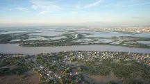 imagem mostra vista aérea de alagamento em Porto Alegre, capital do Rio Grande do Sul