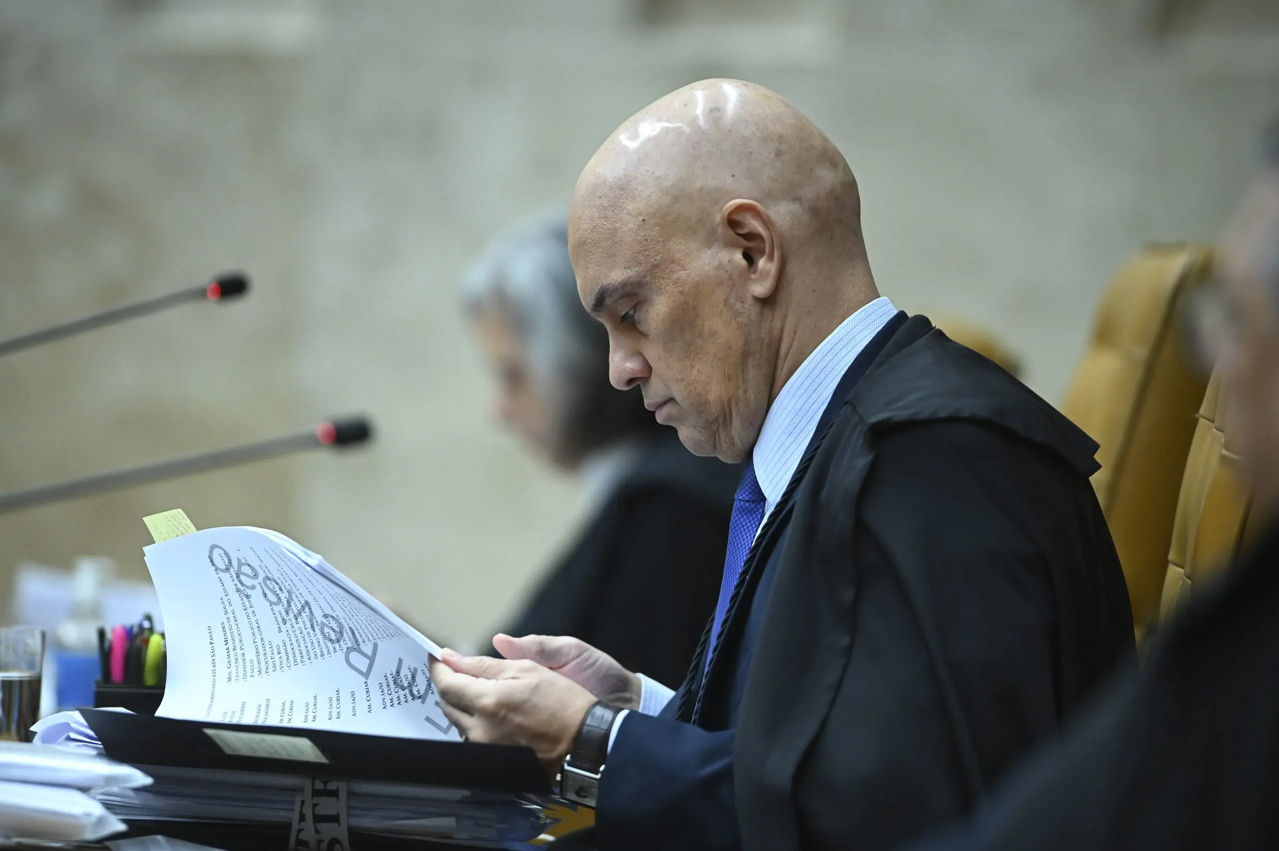 Alexandre de Moraes Ministro STF durante voto. O Supremo Tribunal Federal (STF) retomou a votação julgamento da descriminalização do porte de maconha para consumo pessoal