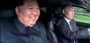 Kim Jong-un no passageiro e Putin dirigindo limusine russa de luxo