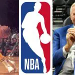 Da esquerda para a direita: Movimento de Jerry West imortalizado no logotipo da NBA, logo da NBA e Jerry West antes de morrer